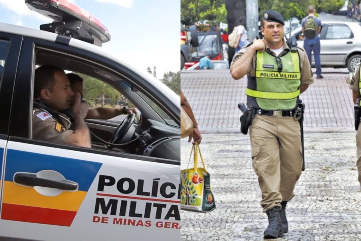 Concurso Polícia Militar MG (CFSd): A imagem é uma montagem onde mostra o carro da PM e um soldado. 